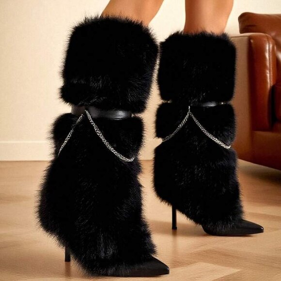 Women's Pointed Toe Stiletto Heels Fluffy Fur Boots Fashion Y2K Halloween Party - Picture 3 of 5